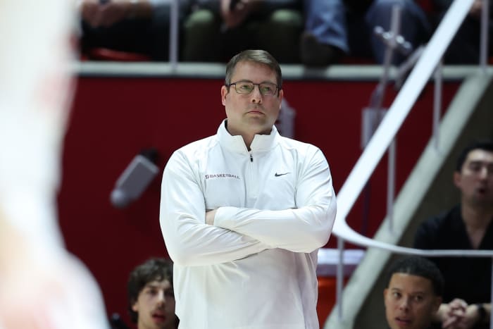 Feb 29, 2024; Salt Lake City, Utah, USA; Stanford Cardinal head coach Jerod Haase looks on against the Utah Utes during the first half at Jon M. Huntsman Center. Mandatory Credit: Rob Gray-USA TODAY Sports